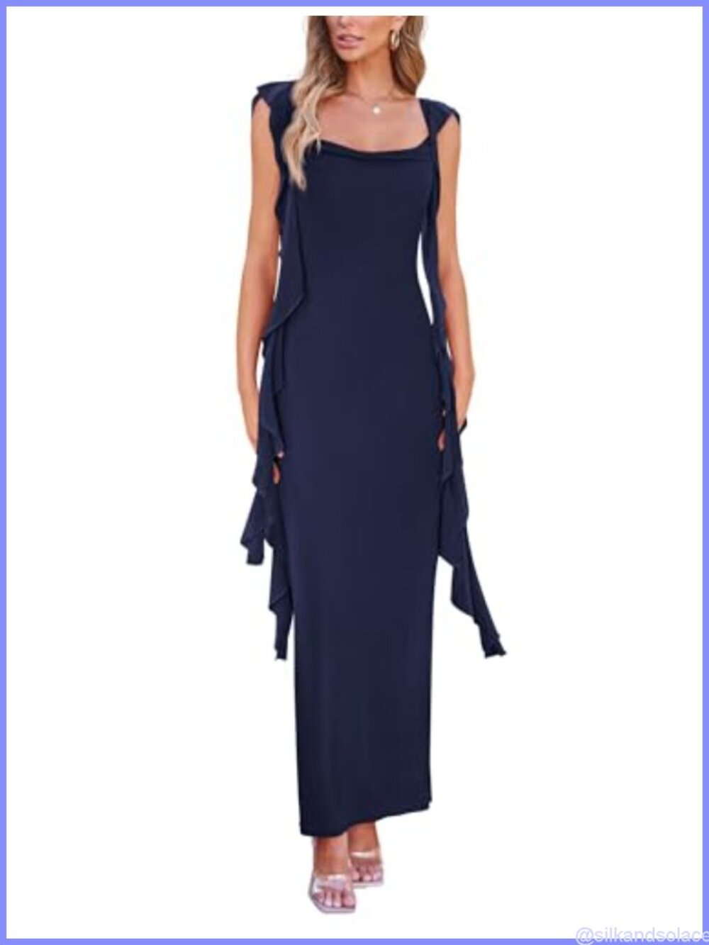Ruffle Bodycon Maxi Dress Women Cap Sleeve Open Back Sweetheart Neck